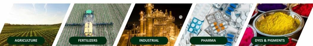 A strip of five photographs representing the industries MAAC serves: agriculture, fertilizers, industrial processing, pharmaceuticals, and dyes & pigments.