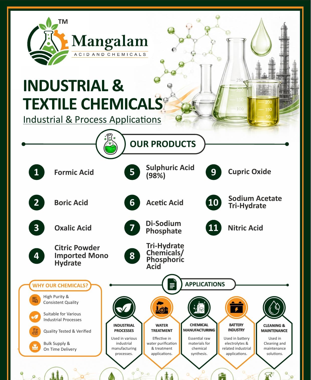 An inside page of the MAAC catalogue listing industrial and textile chemical products with application icons.